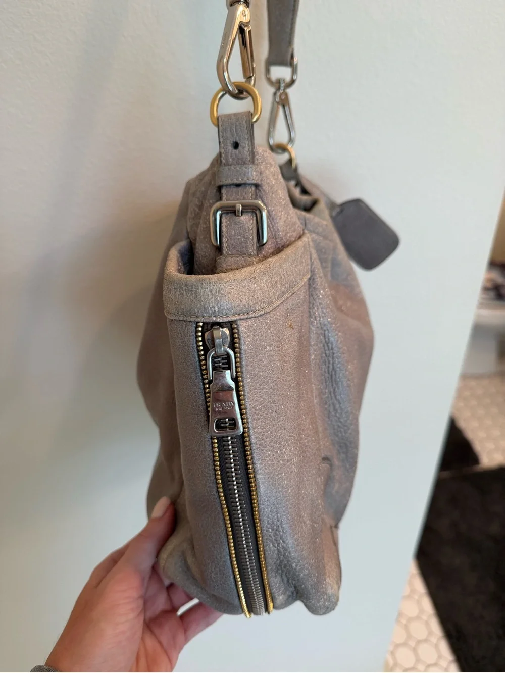 Prada Metallic Gray Cervo Lux Leather Hobo Shoulder Bag with COA